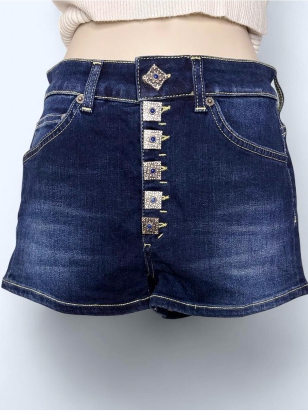 NWT Dondup Women's Dark Blue Denim Statement Button Mini Shorts - Picture 3 of 8
